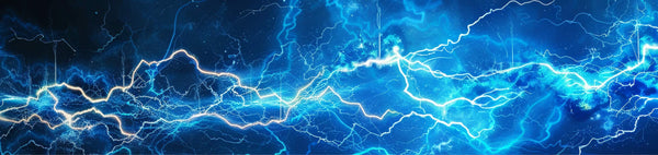 Visual representation of electric currents and energy flow with bright blue and white lightning streaks.