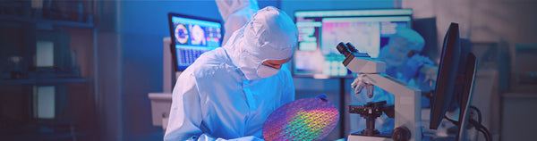 Technicians in cleanroom suits inspecting data on a tablet in a high-tech lab.