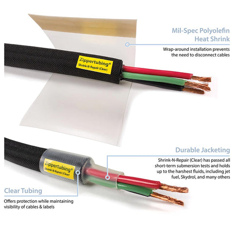 Shrink-N-Repair (Clear) polyolefin 2:1 wrap around heat shrink tubing infographic